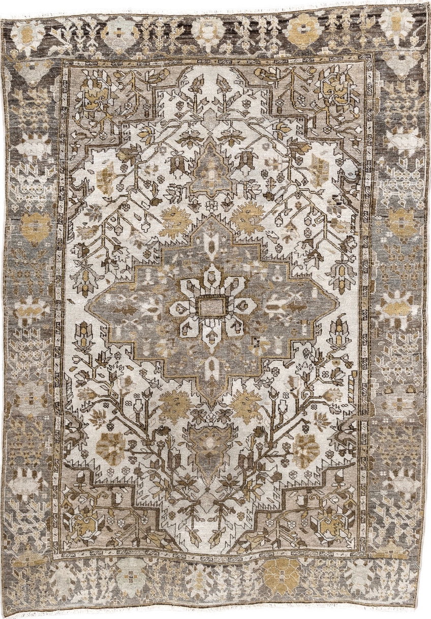 3' x 4' one-of-a-kind handmade vintage Far.Sarouk small size rug. Color palette: brown, gray, light gray, linen, off-white