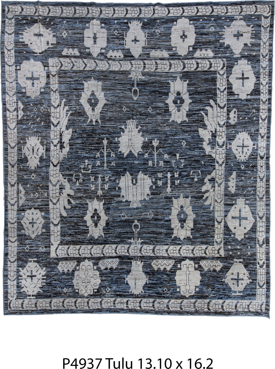 13' x 16' one-of-a-kind handmade vintage Tulu oversize rug. Color palette: black, blue, brown, charcoal, dim gray, gray