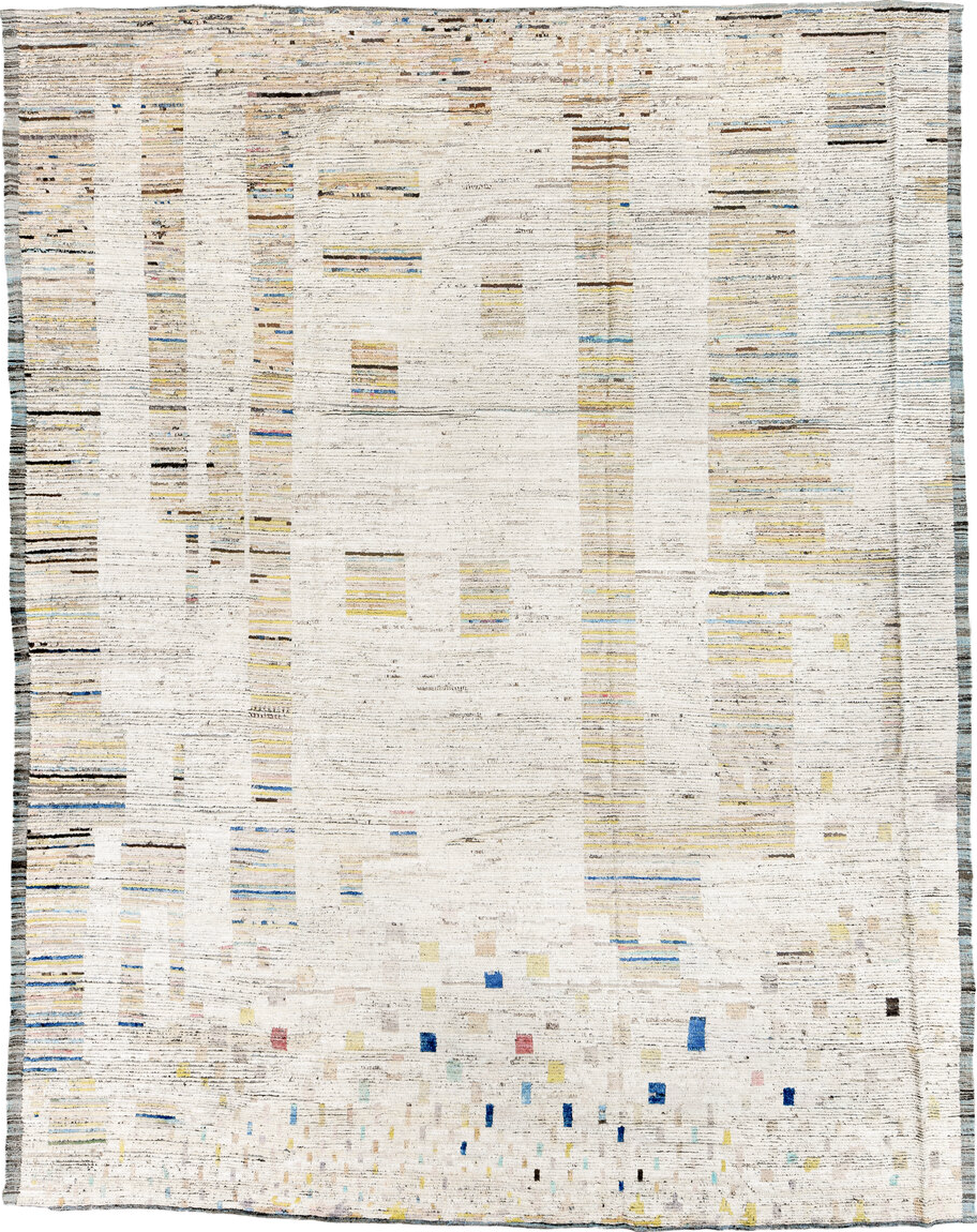 10' x 13' one-of-a-kind handmade vintage Tulu large size rug. Color palette: antiquewhite, blue, brown, gray, light gray