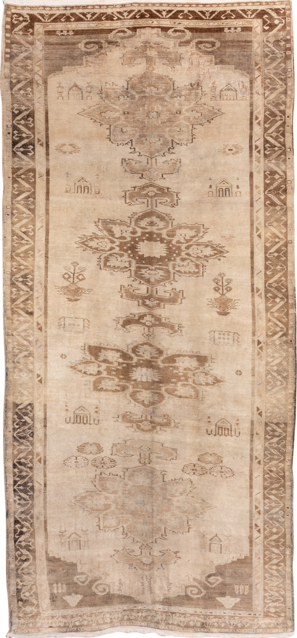 6' x 14' one-of-a-kind handmade vintage Oushak large size rug. Color palette: brown, gray, off-white, orange, pink