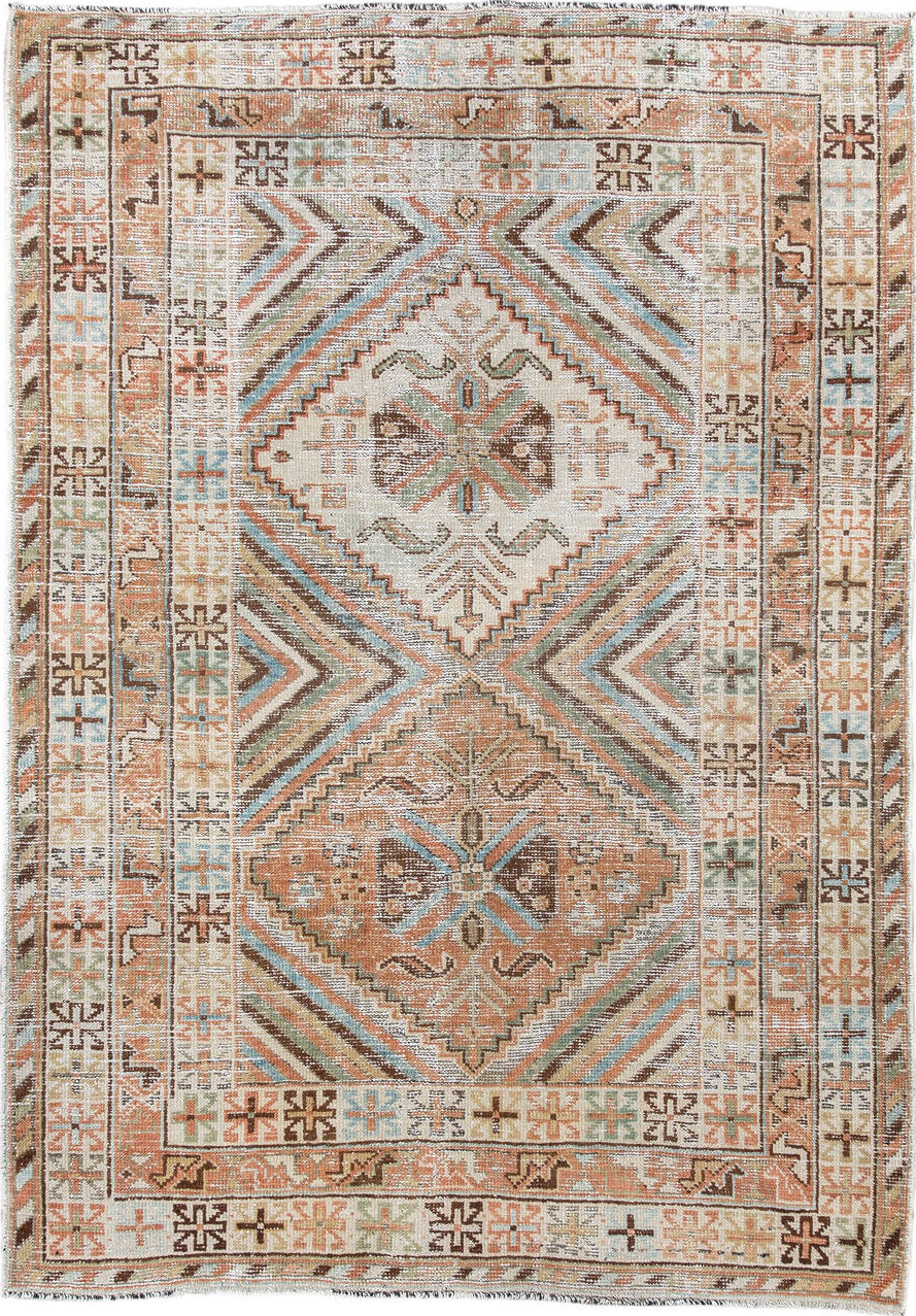 4' x 6' one-of-a-kind handmade vintage Afshar small size rug. Color palette: off-white, light gray, gray, brown, pink