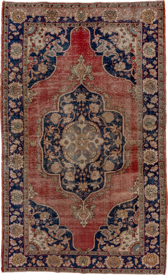 5' x 9' one-of-a-kind handmade vintage Oushak medium size rug. Color palette: blue, brown, gray, pink, red