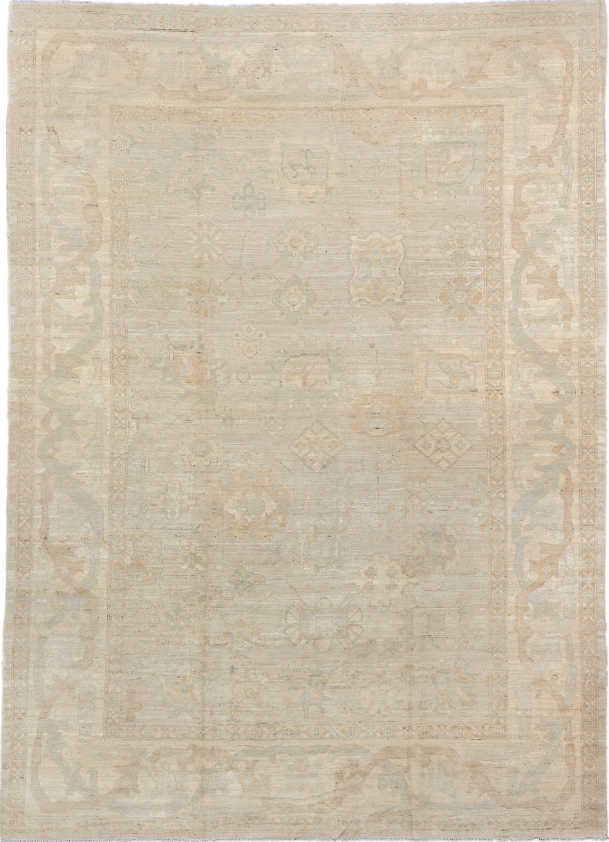 10' x 14' one-of-a-kind handmade vintage Oushak large size rug. Color palette: gray, light gray, off-white, orange, brown