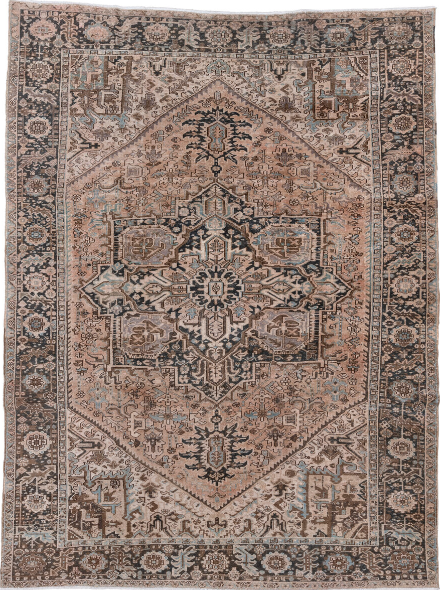 9' x 12' one-of-a-kind handmade vintage Heriz large size rug. Color palette: black, brown, dim gray, gainsboro, gray