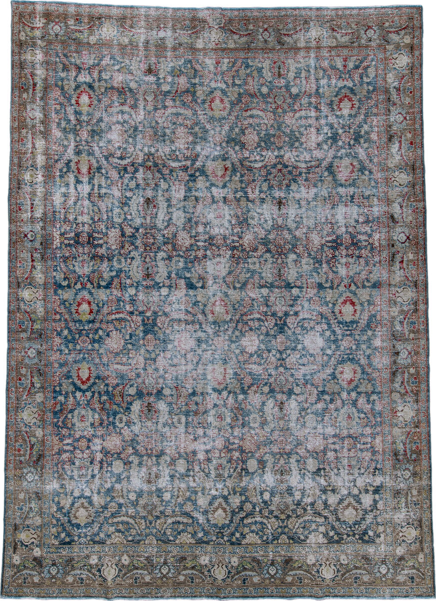 8' x 11' one-of-a-kind handmade vintage Tabriz large size rug. Color palette: gray, off-white, light gray, pink, black, blue