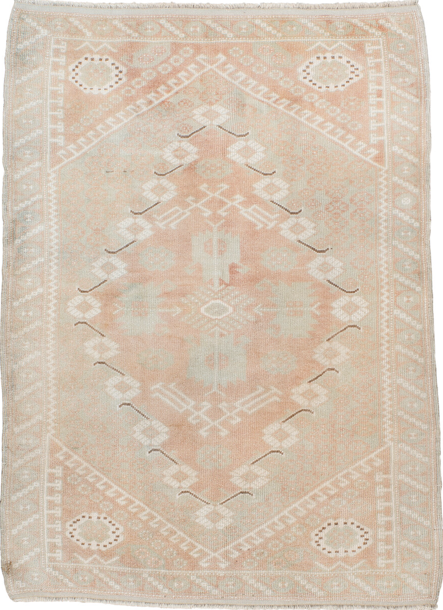 3' x 4' one-of-a-kind handmade vintage Oushak small size rug. Color palette: pink, gray, brown, off-white, light gray