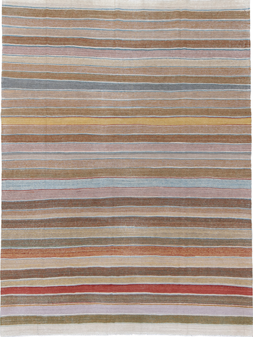 8' x 12' one-of-a-kind handmade vintage Kilim large size rug. Color palette: arapawa, blue, brown, dark gray, gray