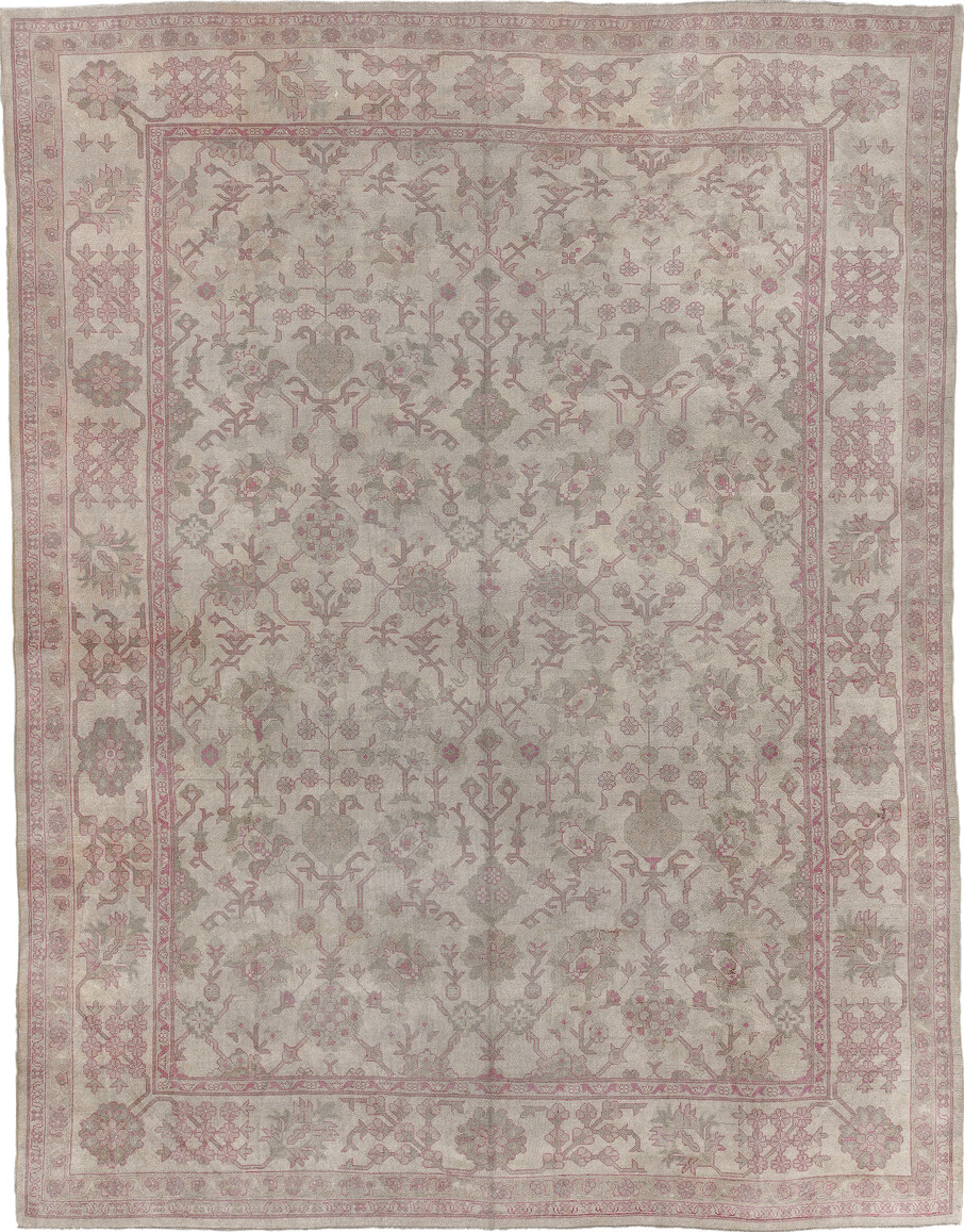 13' x 17' one-of-a-kind handmade vintage Oushak oversize rug. Color palette: brown, gray, light gray, pink