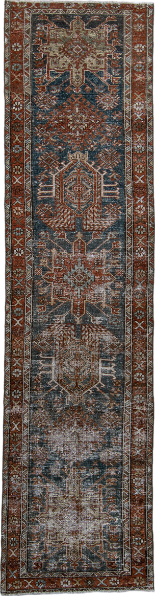 2' x 10' one-of-a-kind handmade vintage Karaje runner rug. Color palette: black, blue, brown, charcoal, gray, light gray