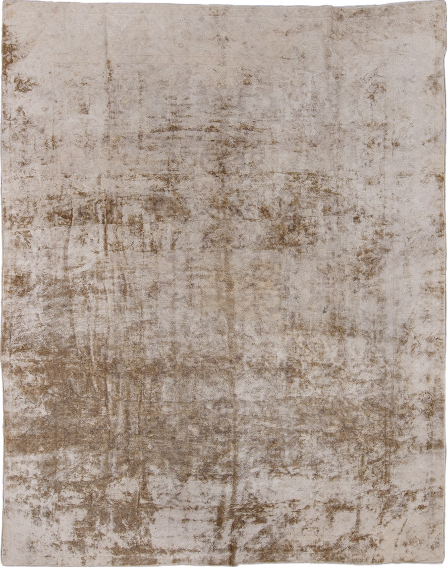 9' x 11' one-of-a-kind handmade vintage Hooked large size rug. Color palette: gray, light gray, off-white, brown, pink