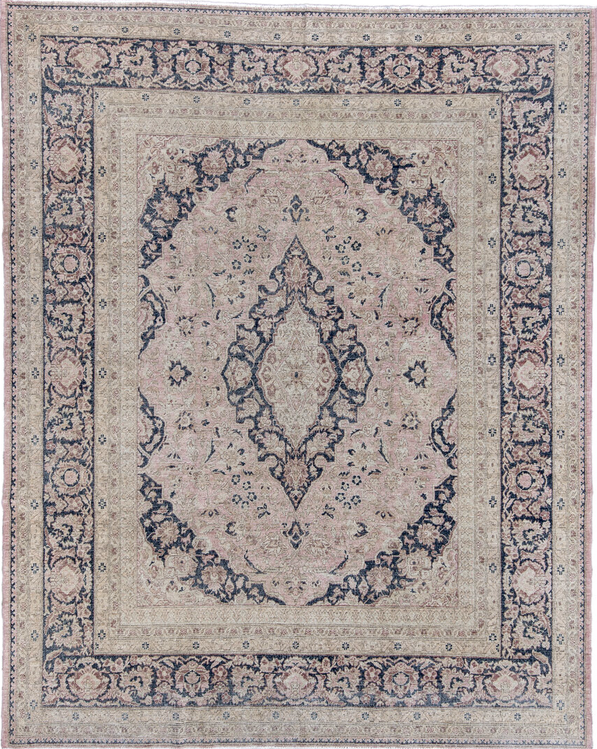 8' x 10' one-of-a-kind handmade vintage Tabriz large size rug. Color palette: gray, blue, light gray, off-white, brown, pink