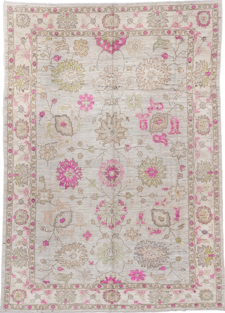 8' x 12' one-of-a-kind handmade vintage Oushak large size rug. Color palette: pink, brown, gray, off-white, light gray
