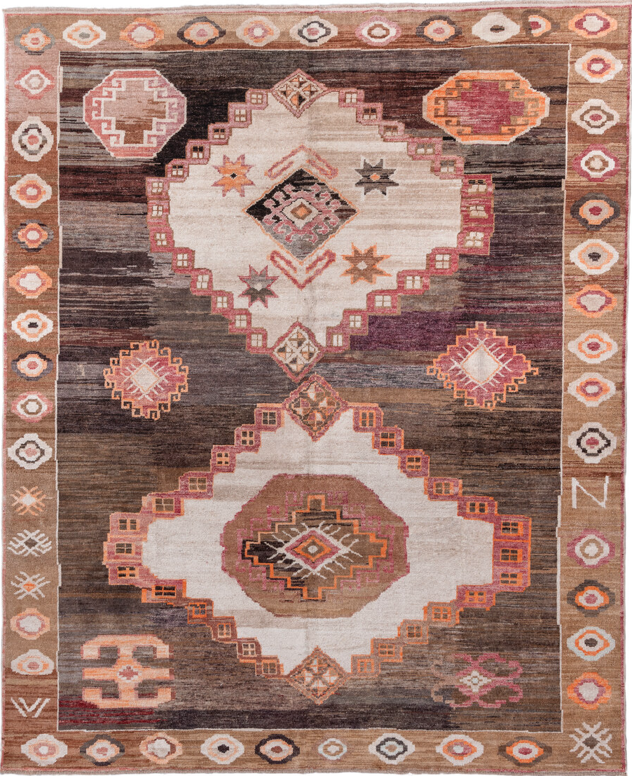 10' x 12' one-of-a-kind handmade vintage Kars large size rug. Color palette: brown, gainsboro, gray, light gray, off-white