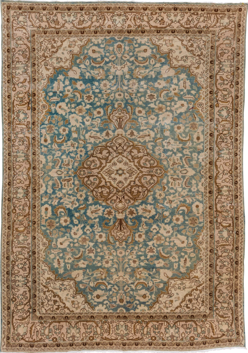 7' x 9' one-of-a-kind handmade vintage Malayer rug. Color palette: blue, brown, dark slate gray, gray, light gray, off-white