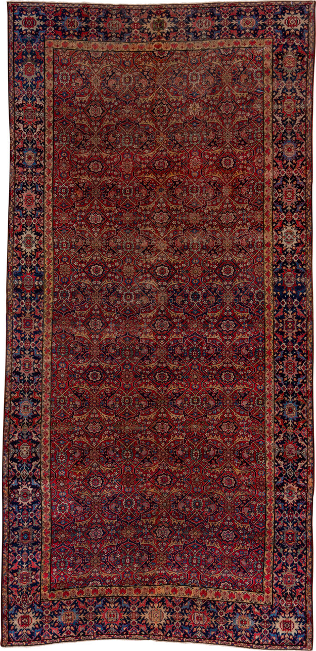 7' x 14' one-of-a-kind handmade vintage Farahan large size rug. Color palette: black, blue, brown, burgundy, fiord, gray