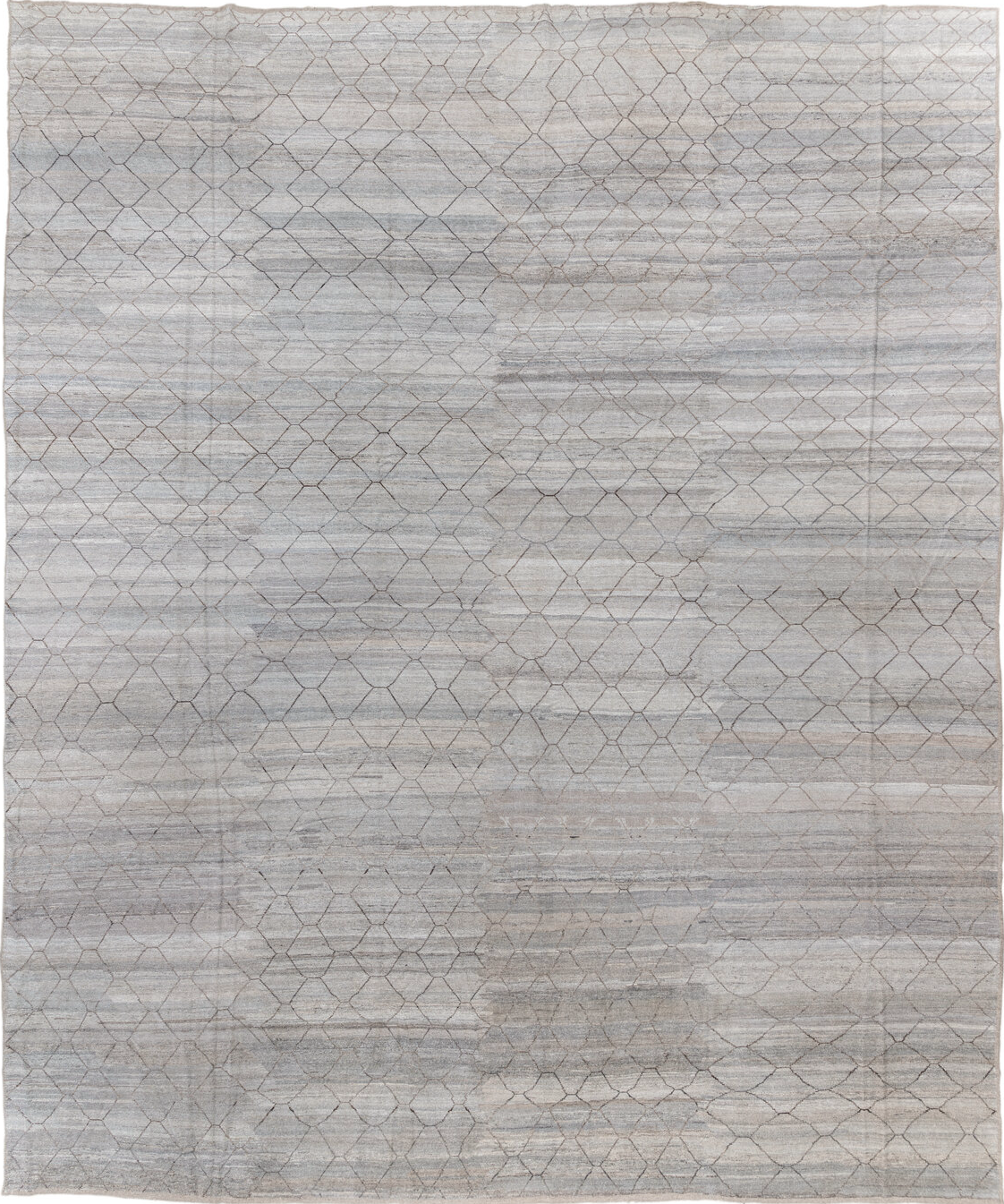 18' x 21' one-of-a-kind handmade vintage Tulu oversize rug. Color palette: gray, light gray, off-white, pink, silver