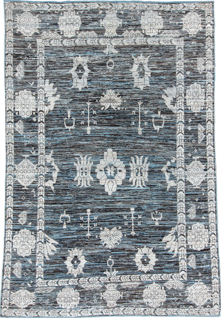 9' x 14' one-of-a-kind handmade vintage Tulu large size rug. Color palette: black, blue, charcoal, dark gray, dim gray