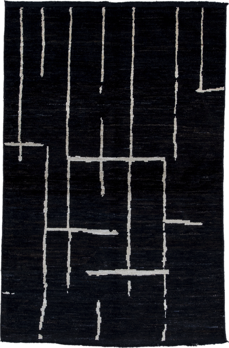 4' x 6' one-of-a-kind handmade vintage Tulu small size rug. Color palette: black, blue, charcoal, dark gray, gainsboro, gray