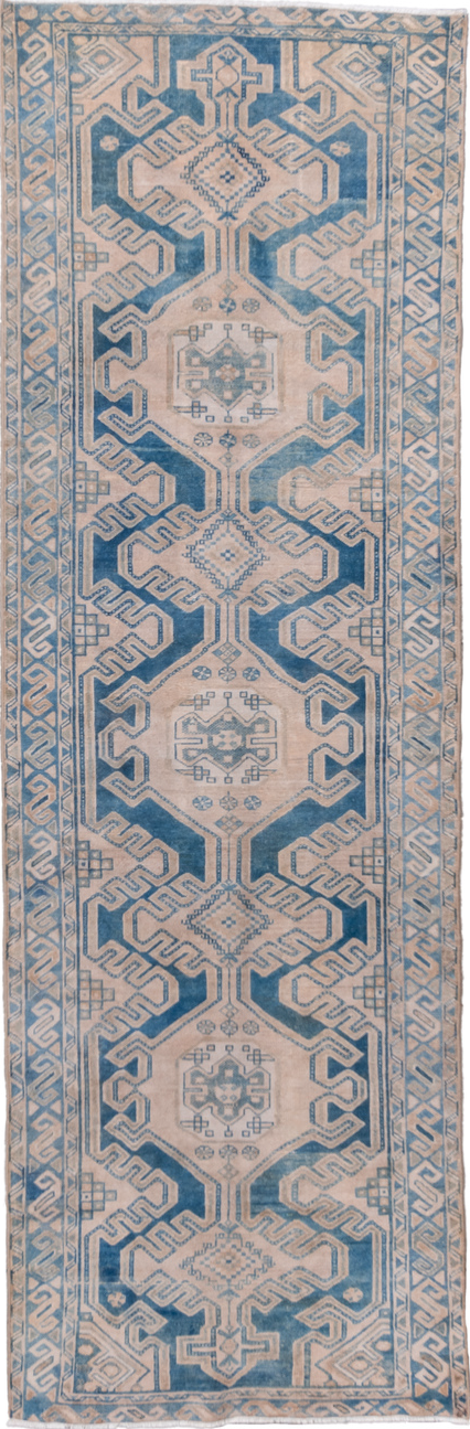 3' x 9' one-of-a-kind handmade vintage Malayer runner rug. Color palette: blue, gray, light gray, light slate gray
