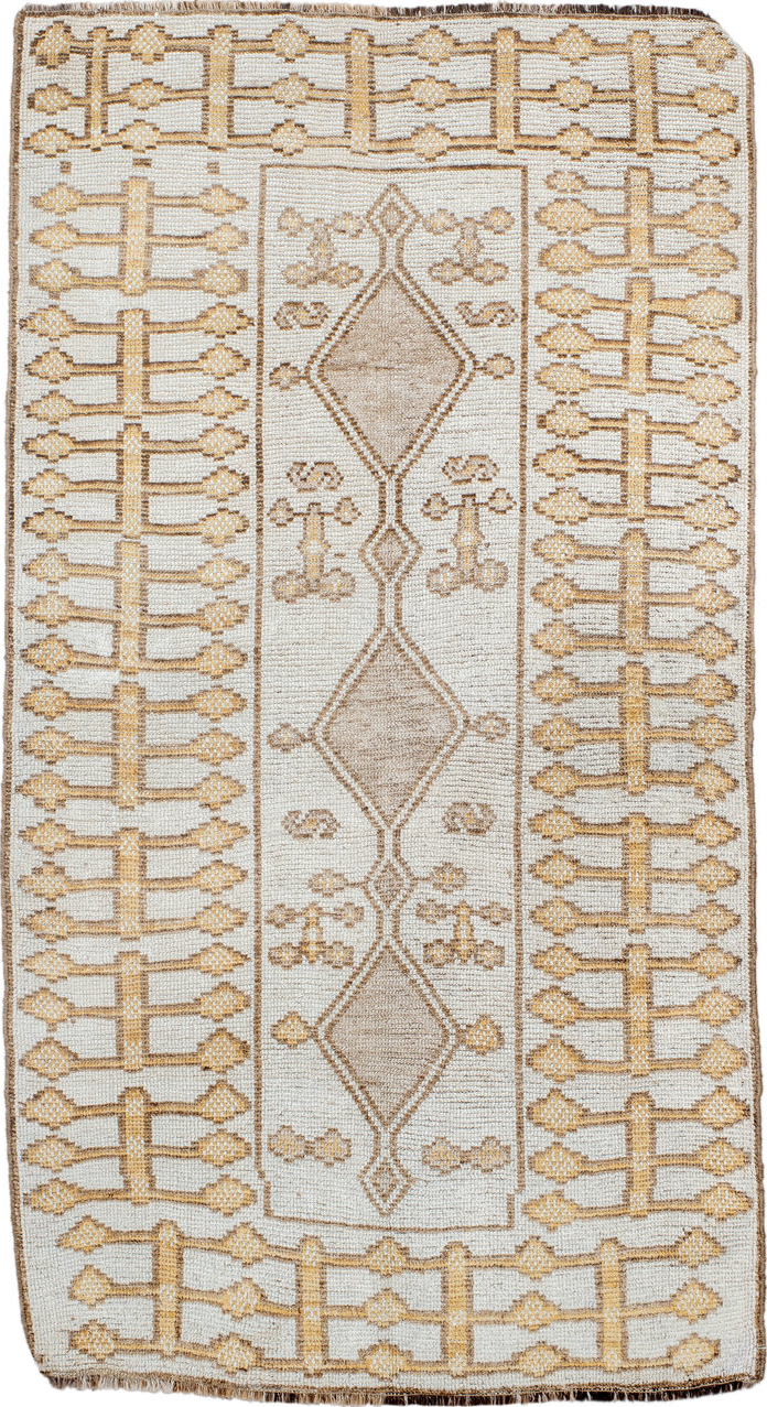 3' x 6' one-of-a-kind handmade vintage Gabbe small size rug. Color palette: antiquewhite, brown, burlywood, dark gray