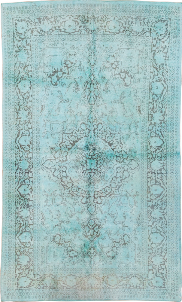 4' x 7' one-of-a-kind handmade vintage Overdyed rug. Color palette: blue, cadet blue, gray, green, light blue, light gray