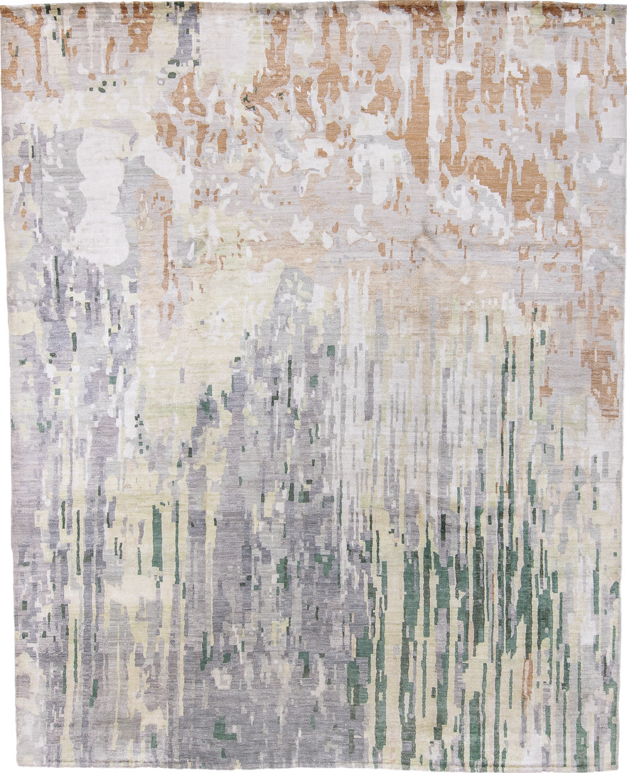 7' x 9' one-of-a-kind handmade vintage Contemporary rug. Color palette: brown, dark gray, gainsboro, gray, light gray