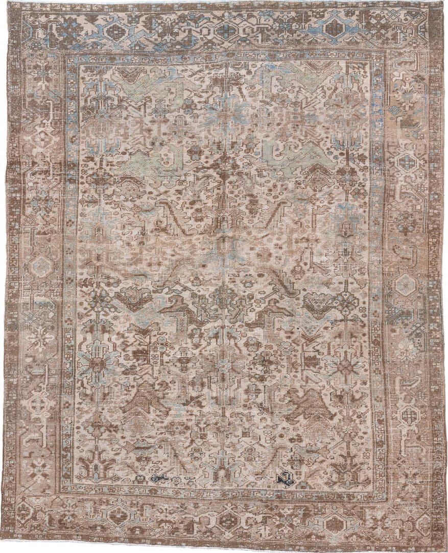 7' x 9' one-of-a-kind handmade vintage Heriz rug. Color palette: blue, brown, gainsboro, gray, light gray, light slate gray