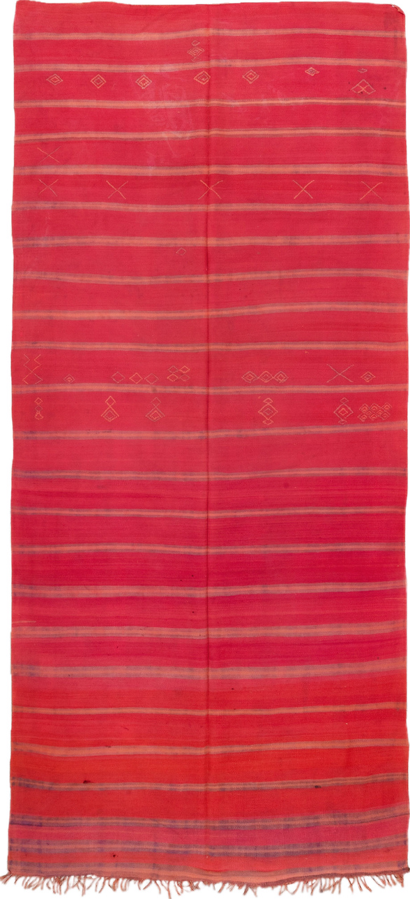 5' x 12' one-of-a-kind handmade vintage Blanket rug. Color palette: brown, indian red, off-white, pink, red, snow, white