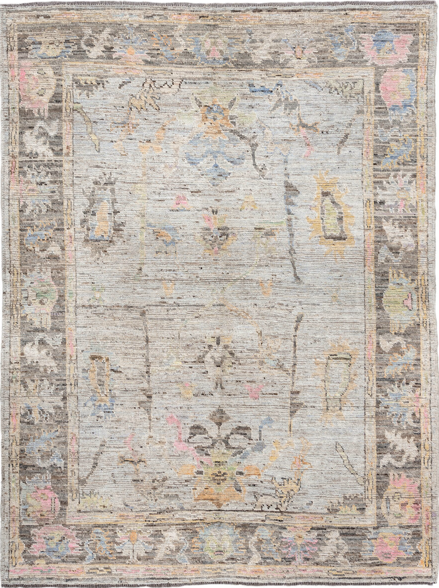 6' x 7' one-of-a-kind handmade vintage Oushak rug. Color palette: brown, gainsboro, gray, light gray, off-white, orange, tan