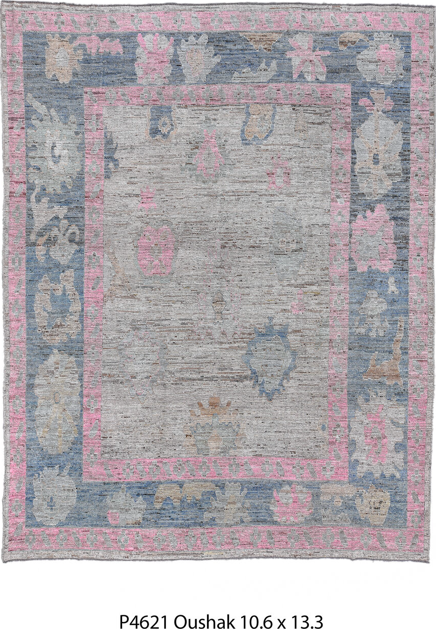 10' x 13' one-of-a-kind handmade vintage Oushak large size rug. Color palette: gray, light gray, pink, off-white, blue