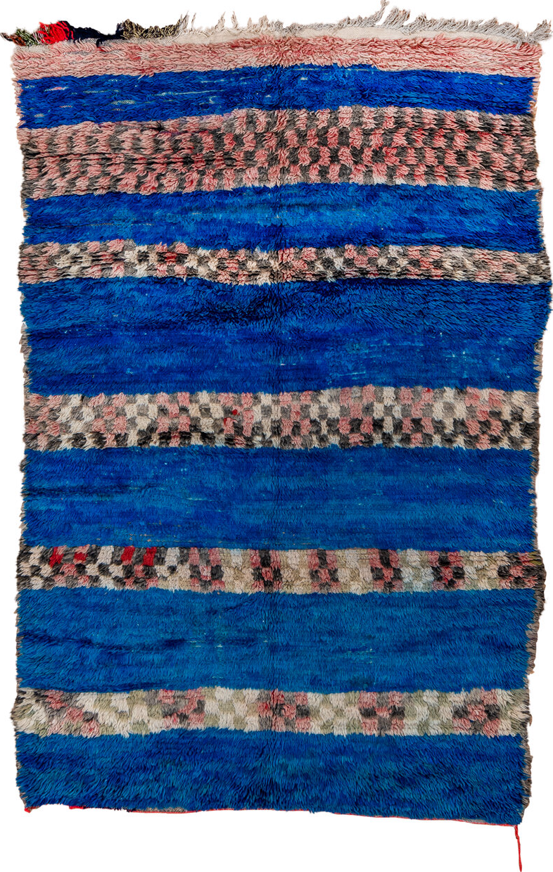 4' x 6' one-of-a-kind handmade vintage Moroccan small size rug. Color palette: blue, brown, gray, light blue, light gray