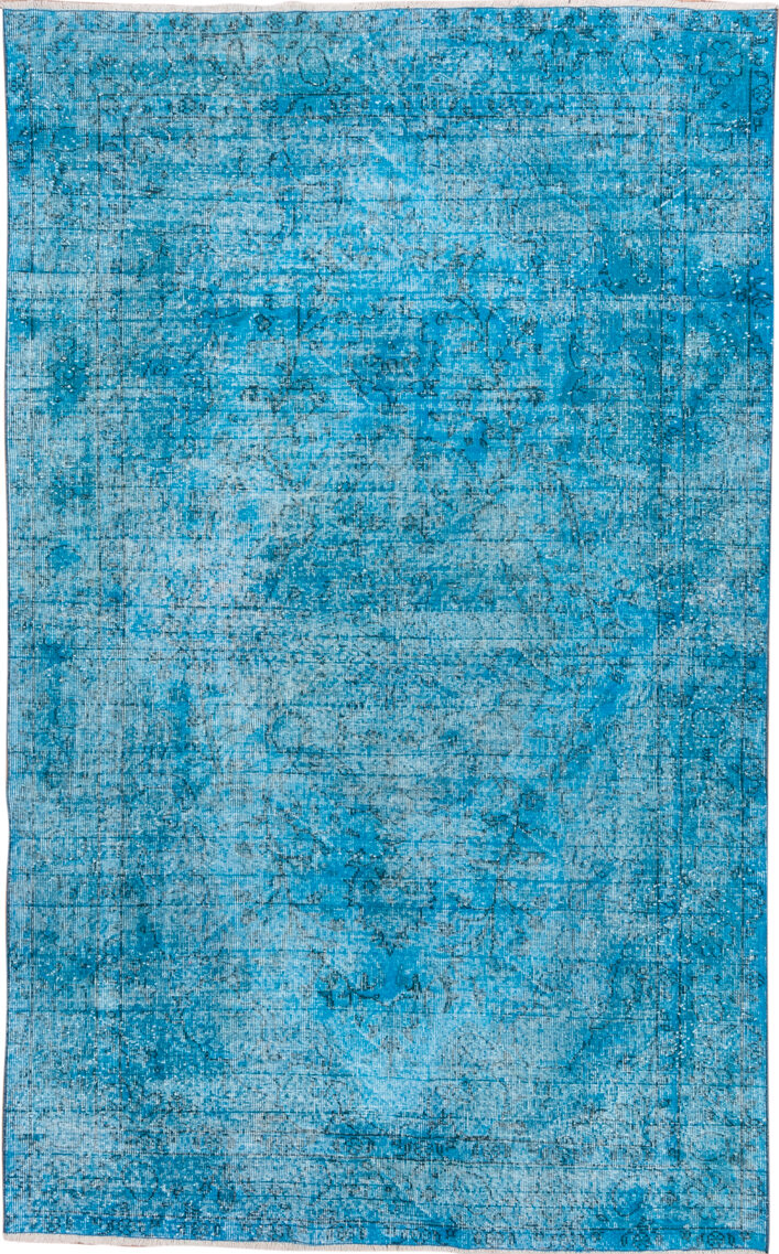 5' x 9' one-of-a-kind handmade vintage Overdyed medium size rug. Color palette: arapawa, blue, gray, light blue, light gray