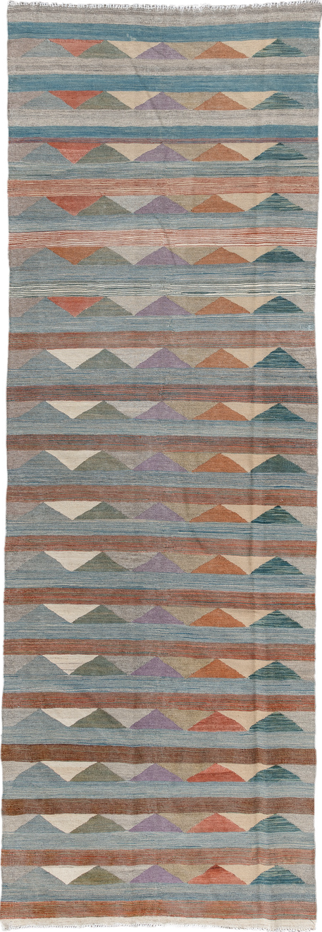 3' x 9' one-of-a-kind handmade vintage Kilim runner rug. Color palette: brown, dark gray, gray, light gray, off-white, pink