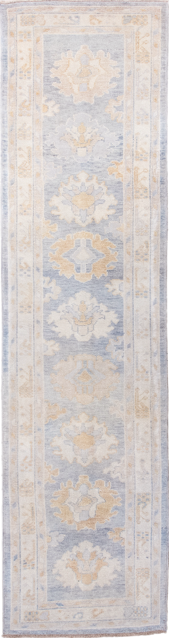 3' x 11' one-of-a-kind handmade vintage Oushak runner rug. Color palette: brown, dark gray, gainsboro, gray, light blue
