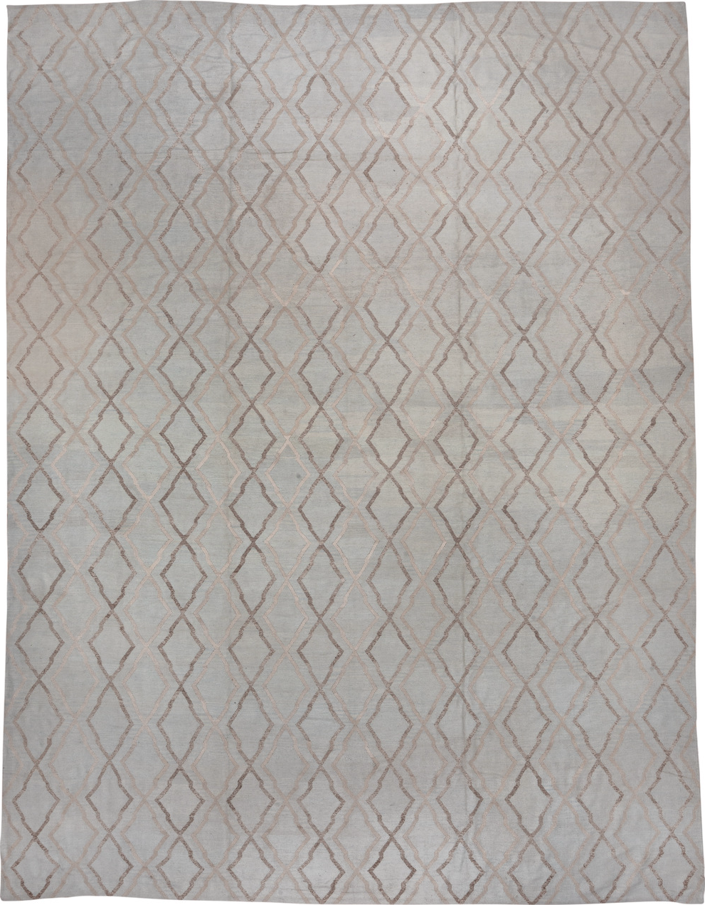 14' x 18' one-of-a-kind handmade vintage Kilim oversize rug. Color palette: dark gray, gray, light gray, off-white, silver