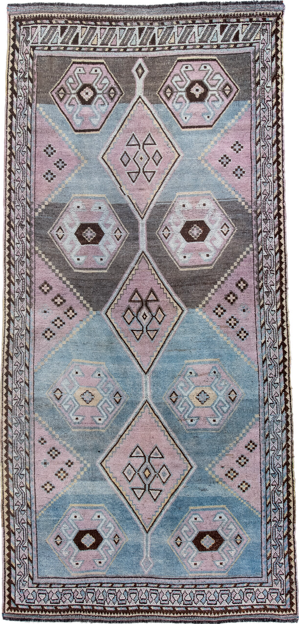 4' x 8' one-of-a-kind handmade vintage Gabbe rug. Color palette: black, blue, gray, light blue, light gray, light slate gray