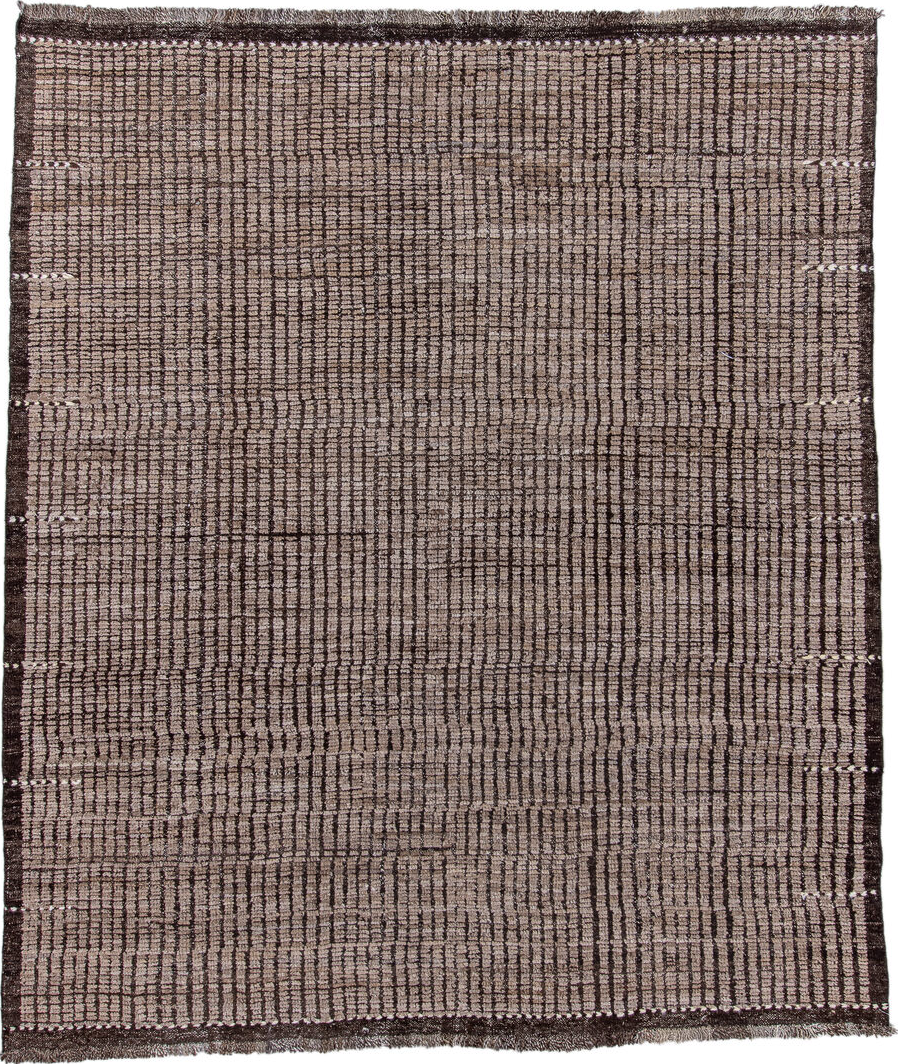 8' x 9' one-of-a-kind handmade vintage Tulu rug. Color palette: black, brown, gainsboro, gray, light gray, off-white, pink