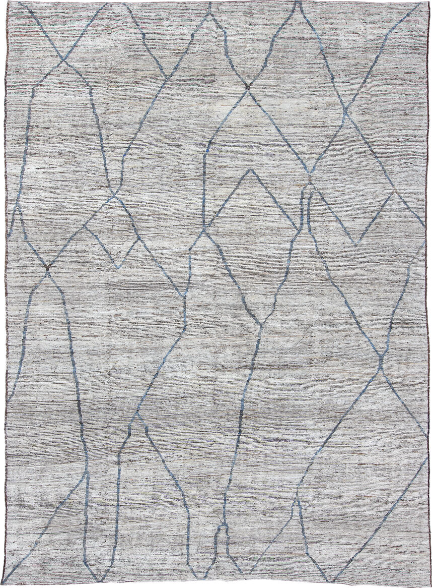 16' x 19' one-of-a-kind handmade vintage Tulu oversize rug. Color palette: blue, dark gray, gainsboro, gray, light gray