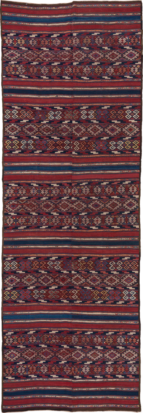 5' x 15' one-of-a-kind handmade vintage Kilim rug. Color palette: arapawa, blue, brown, gray, pink, red, slate gray
