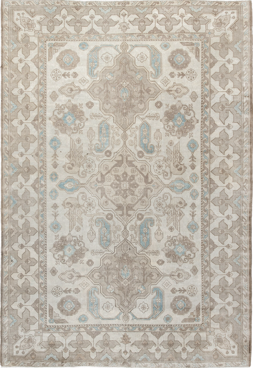 6' x 9' one-of-a-kind handmade vintage Sivas medium size rug. Color palette: brown, gray, light gray, off-white, silver