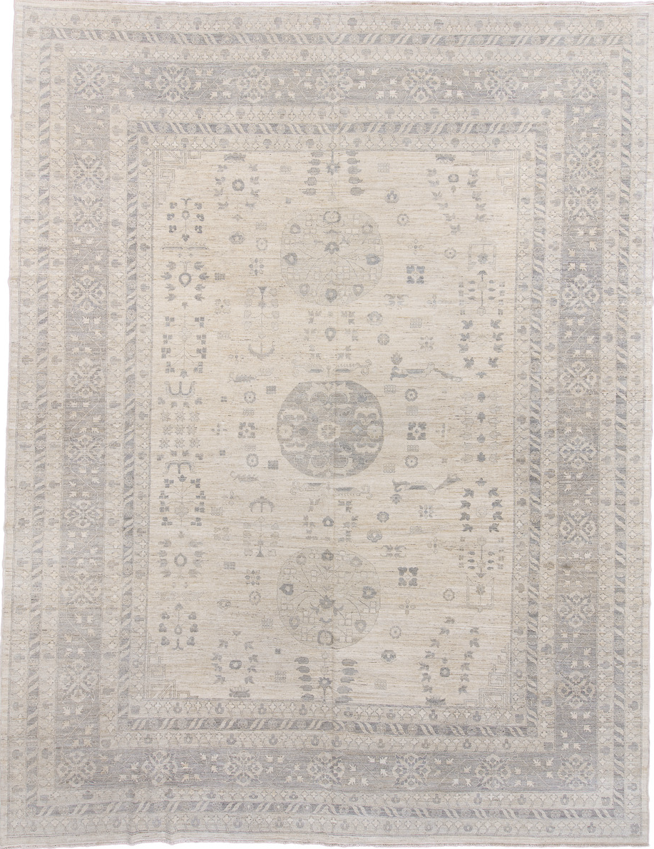 13' x 17' one-of-a-kind handmade vintage Khotan oversize rug. Color palette: dark gray, gainsboro, gray, light gray