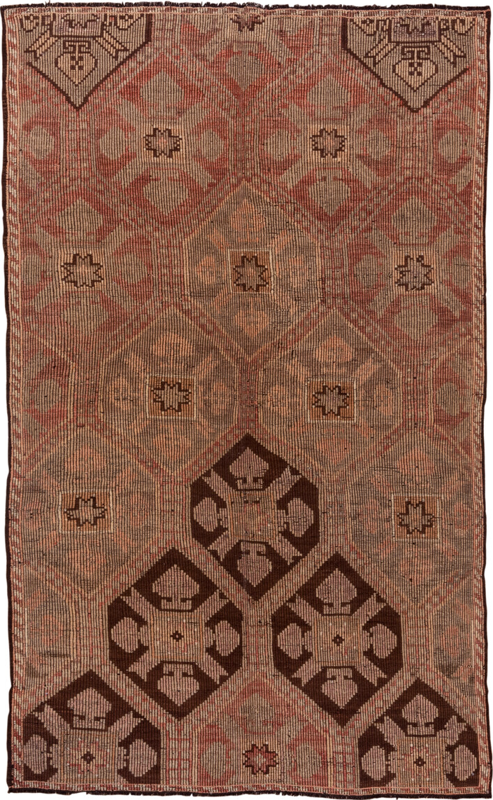 6' x 9' one-of-a-kind handmade vintage Jijim medium size rug. Color palette: brown, gray, pink