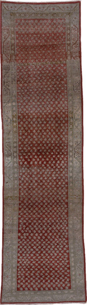 3' x 10' one-of-a-kind handmade vintage Saraband runner rug. Color palette: brown, gray, off-white, red, redwood, snow