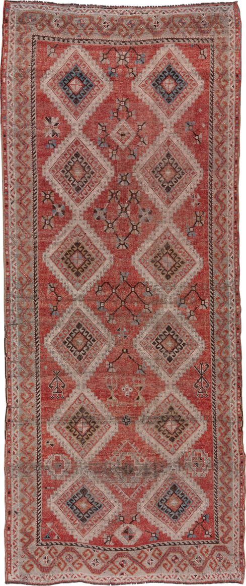 4' x 11' one-of-a-kind handmade vintage Oushak runner rug. Color palette: brown, gray, pink, red