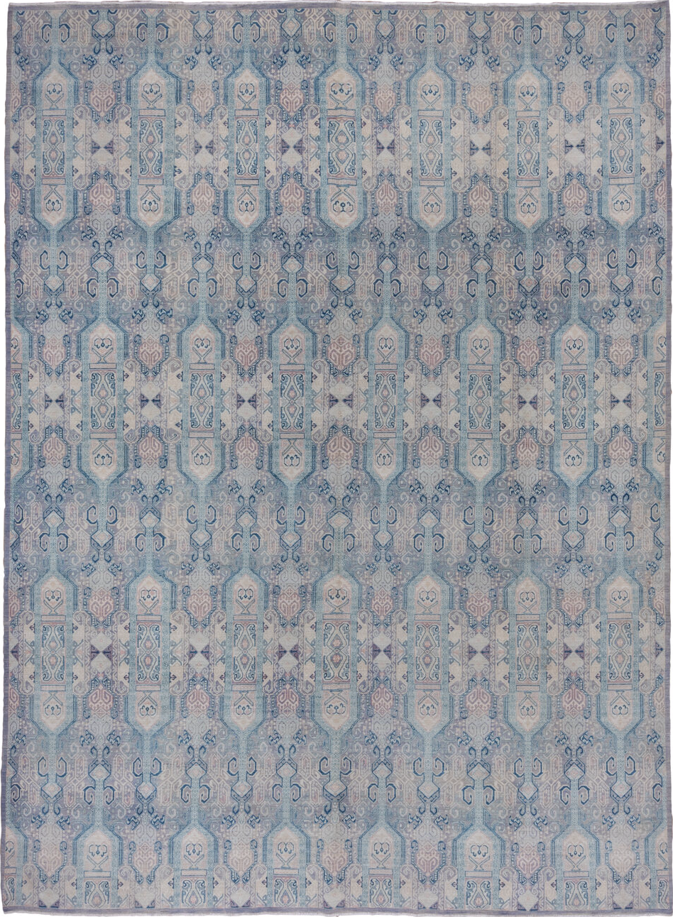 10' x 13' one-of-a-kind handmade vintage Afghan large size rug. Color palette: blue, dark gray, dim gray, fiord, gray