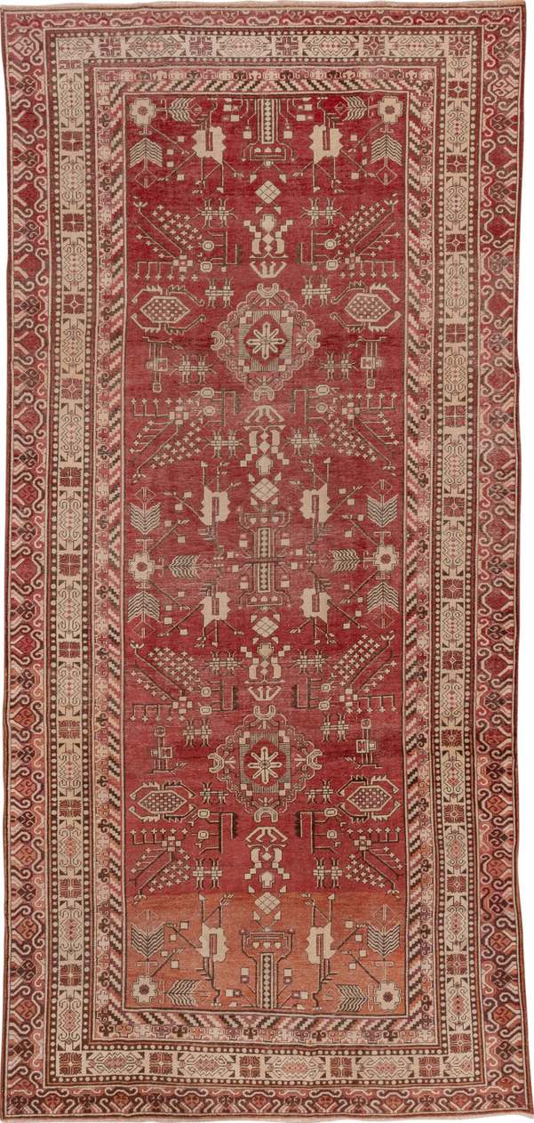 6' x 13' one-of-a-kind handmade vintage Khotan large size rug. Color palette: brown, gray, pink, red, redwood