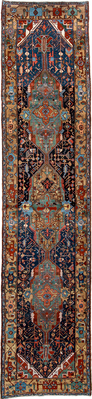 3' x 14' one-of-a-kind handmade vintage Karaje runner rug. Color palette: black, blue, brown, burlywood, dark slate gray