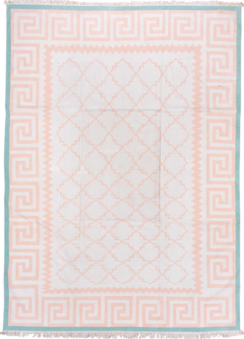 8' x 11' one-of-a-kind handmade vintage Dhurrie large size rug. Color palette: gainsboro, ghost white, gray, lavender blush