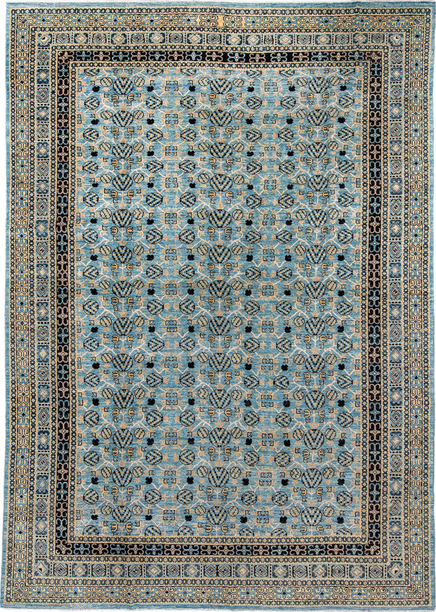 9' x 14' one-of-a-kind handmade vintage Khotan large size rug. Color palette: black, blue, brown, burlywood, charcoal