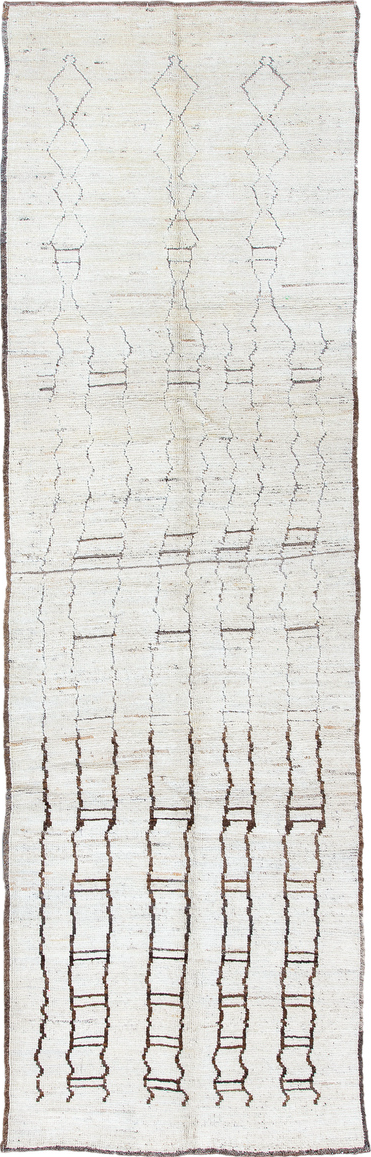 3' x 9' one-of-a-kind handmade vintage Tulu runner rug. Color palette: brown, gray, light gray, off-white, pink, silver